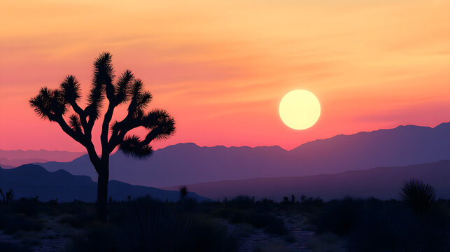 Desert sunset with joshua tree silhouette against vibrant orange sky