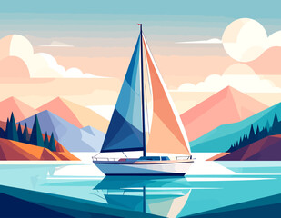 Fototapeta premium Sailboat with orange and white sails floating on a calm sea against high mountain peaks at sunrise. Flat vector illustration.