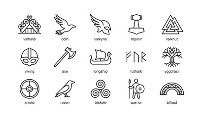 Fototapeta premium Norse and viking symbol icons arranged in grid on white background
