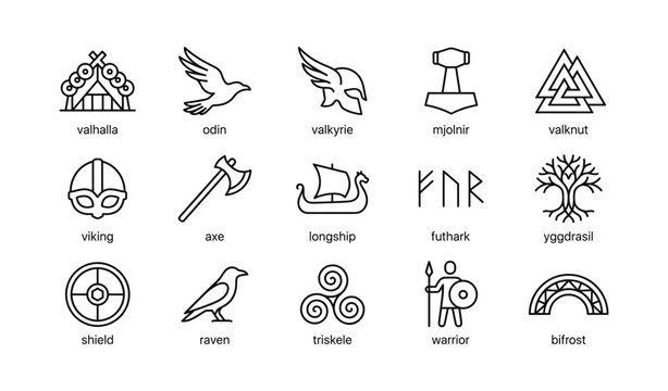 Norse and viking symbol icons arranged in grid on white background