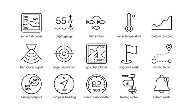 Marine sonar and navigation icons arranged on white background