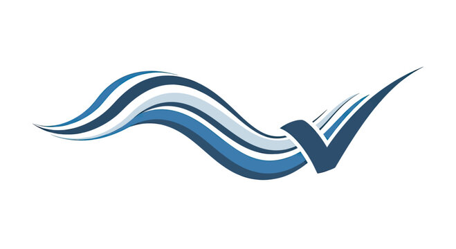 Blue abstract wave lines ending in a checkmark symbol.