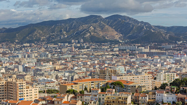 Panoramic Cityscape of Marseille France With Mountains Saint Cyr in Background Sunny Winter Day Travel