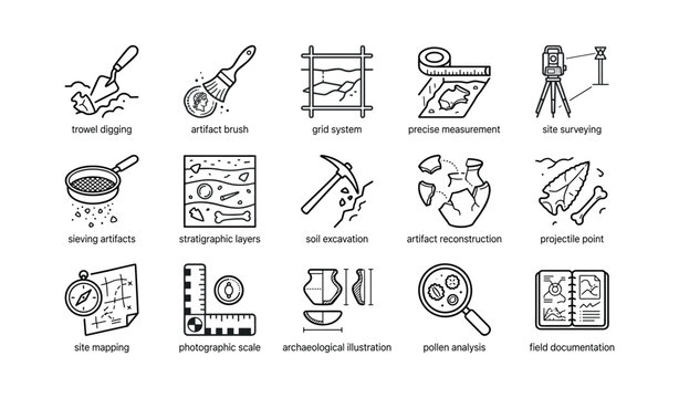 Archaeology icons depicting excavation tools and site analysis on white