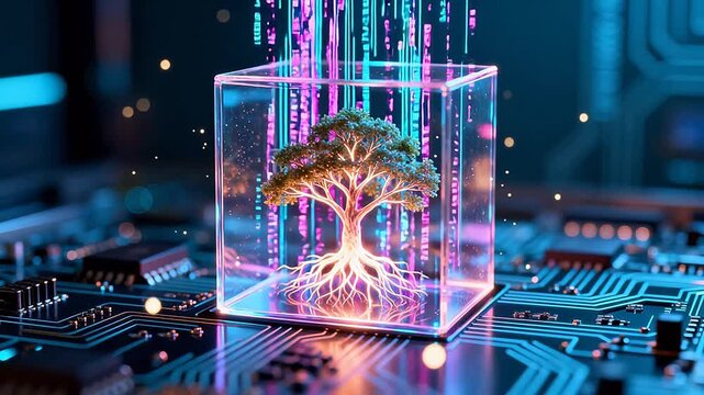 Tree in glass cube on circuit board