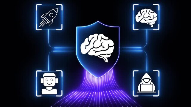 Glowing Cybersecurity animation with shield icon protecting encrypted digital data on futuristic high-tech network. Futuristic cybersecurity shield glowing with digital light against black background