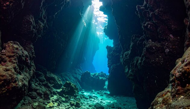 Night Underwater Coral Reef with Tropical Fish in Deep Ocean Marine Ecosystem for Scuba Diving Travel and Aquatic Nature Exploration