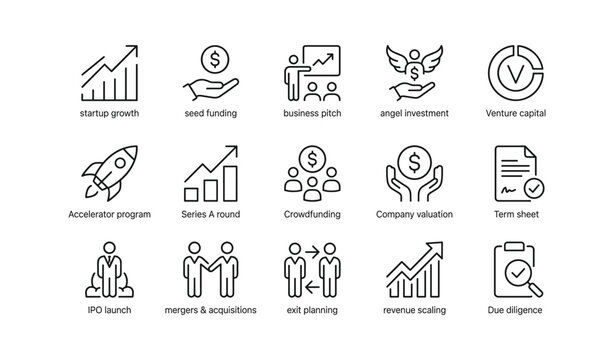 Startup funding and investment icons arranged in white grid