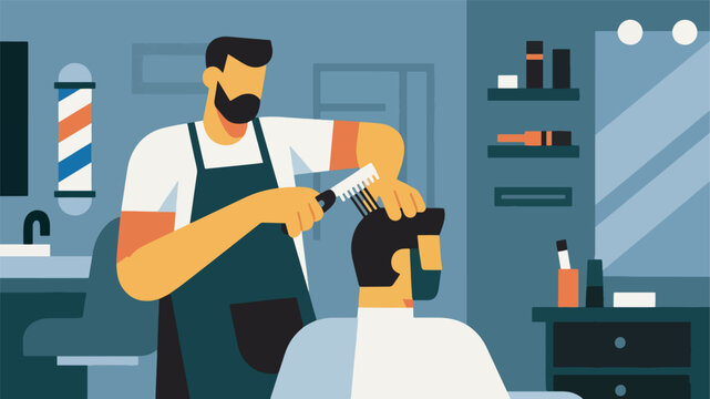 Illustration Of A Barber Cutting A Customer's Hair Design Vector Design Template