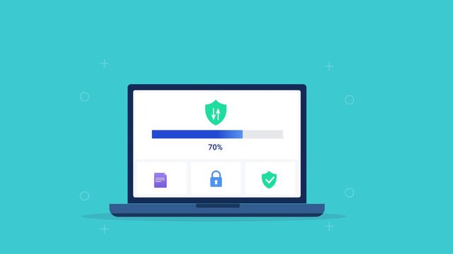 Modern flat vector animation of a laptop displaying a shield protection dashboard with security icons and progress bar. Ideal for cybersecurity, data protection, software, and web technology projects.