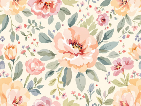Bright Summer Watercolor Floral Border Design Featuring Seamless Vibrant Blossoms and Lush Green Leaves Surface Patterns