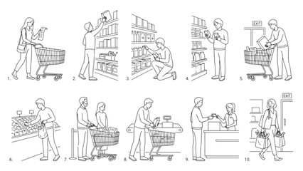 Obraz premium Grocery Shopping Poses Line Art Collection | 10 Premium Supermarket Lifestyle Vector Pack