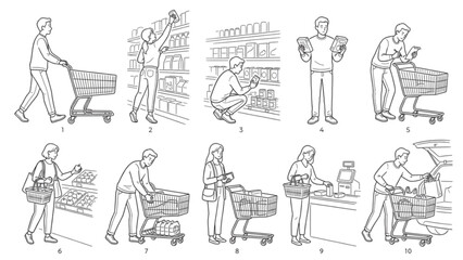 Obraz premium Grocery Shopping Poses Line Art Collection | 10 Premium Supermarket Lifestyle Vector Pack