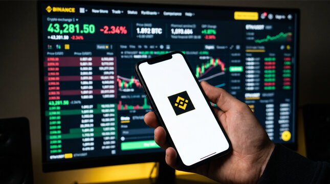 Hand holding a smartphone displaying the Binance logo on a white screen, set against a computer monitor with a cryptocurrency trading interface showing Bitcoin charts and market data statistics.