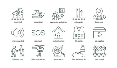 Fototapeta premium Flood relief icons showing rescue operations and aid on white