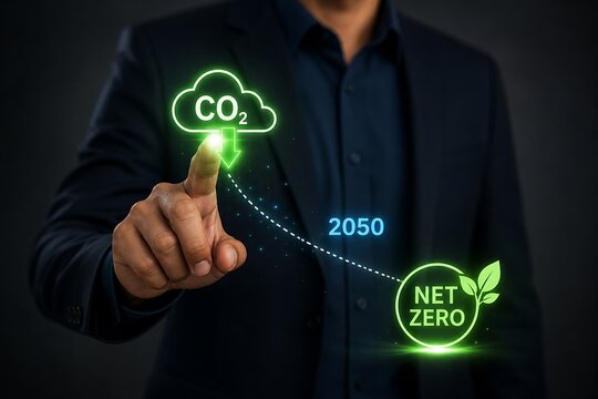 Hand pointing to net zero carbon emissions target for 2050 with co2 reduction concept