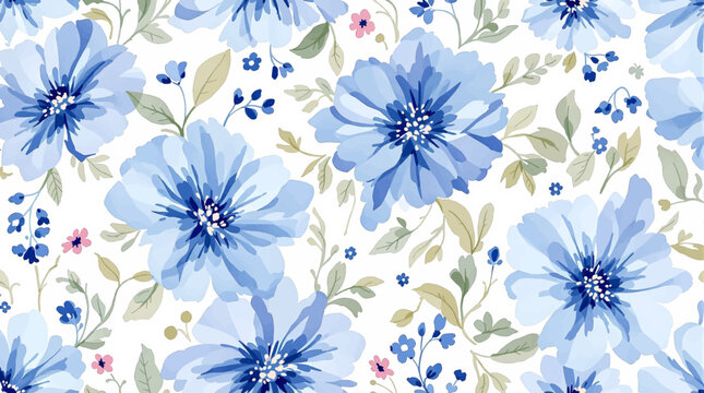 Seamless Watercolor Botanical Illustration with Colorful Hand Painted Summer Blossoms for Textiles and Wrapping Paper Background