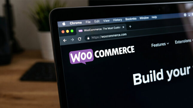 WooCommerce homepage website displayed on a laptop screen showing the official logo and brand identity. WooCommerce is a popular e-commerce plugin for WordPress software and online sales.