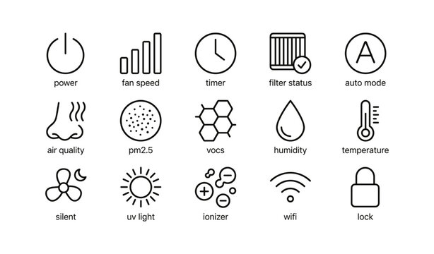 Air purifier controls and status icons on white background