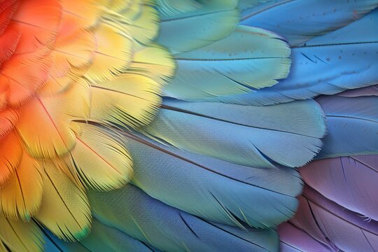Close up of macaw feathers showing vibrant colors creating a beautiful natural pattern