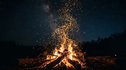 Fototapeta premium Bonfire with glowing sparks under a starry night sky