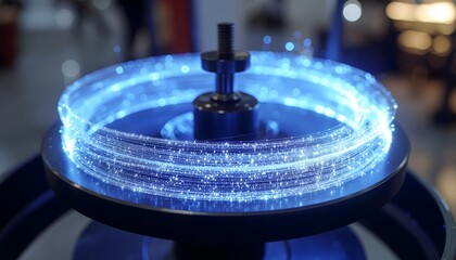 Obraz premium Spool of Glowing Blue Fiber Optic Cable with Luminous Data Particles in Industrial High Tech Production Factory