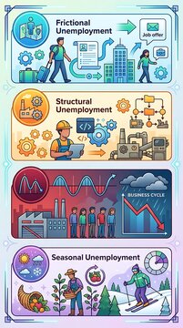Infographic illustrating various types of unemployment with icons