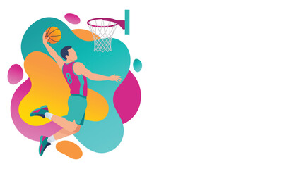 Basketball Player Dunking in Mid-Air – Dynamic Illustration of Athlete in Jersey  8 with Ball and Hoop Against Vibrant Abstract Background © Kyle