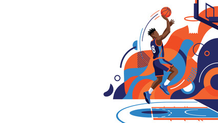 Illustrated basketball player dunking toward the hoop – dynamic sports scene with blue and orange abstract background © Kyle