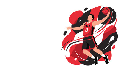 Basketball Player in Red-Black Uniform Jumping with Ball — Dynamic Action Illustration © Kyle