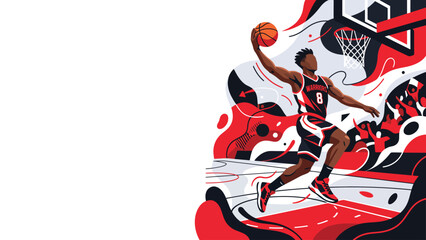 Basketball Dunk Illustration: Dynamic player mid-air dunk toward the hoop in bold red and black graphic art © Kyle