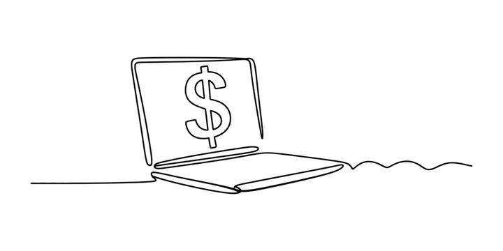 Laptop computer with dollar sign symbol in one continuous line drawing