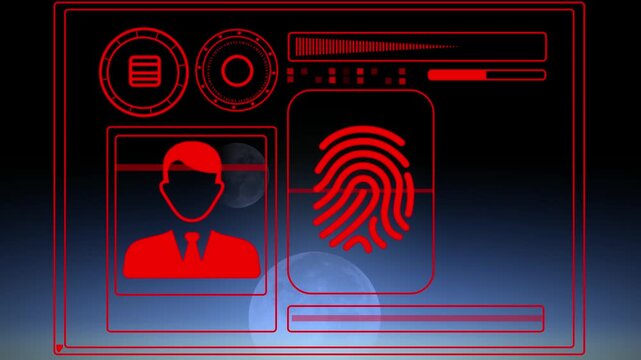 Security monitor highlights a red biometric identification sequence on a dark sky backdrop to represent automated threat detection and restricted data access protocols for high security server.