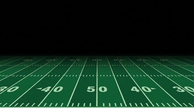 American football field green turf with yard lines perspective view