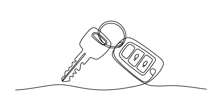Continuous single line drawing of car keys and remote fob