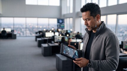 Fototapeta premium A focused individual inspects analytical data on a tablet, surrounded by high-tech workstations. The city skyline glows softly through vast windows as day shifts to night.