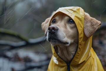Naklejka premium Golden retriever dog wearing a yellow raincoat standing in the rain