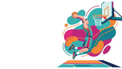 Stylized colorful basketball player performing an aerial slam dunk illustration. © Kyle
