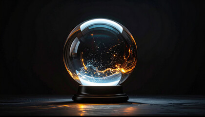 Glowing crystal ball on dark surface with illuminated interior details