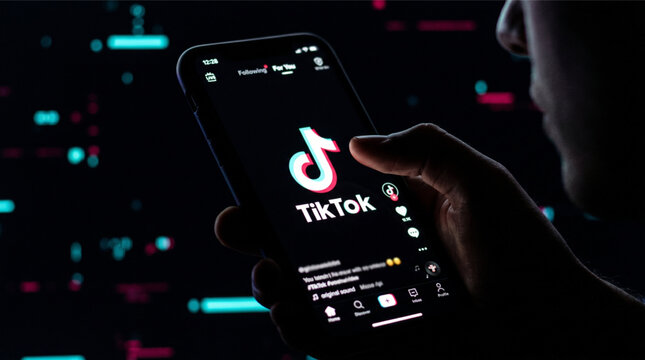 Close-up of a hand holding a smartphone displaying the TikTok logo and app interface against a dark background with digital bokeh, illustrating global social media trends and mobile technology.