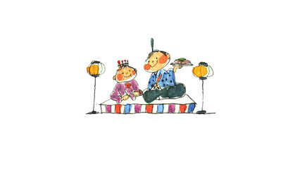 Fototapeta premium ひな祭りの衣装を着て菱餅を持つ男の子と女の子の手描き水彩イラスト Children dressed as Hinamatsuri dolls with hishamochi hand-drawn watercolor illustration