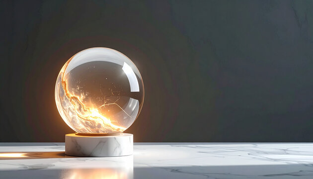 Glowing crystal ball on marble surface against dark backdrop for concepts