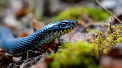 Obraz premium Serpentine motion: Indigo-blue snake weaving through leaves in a natural woodland