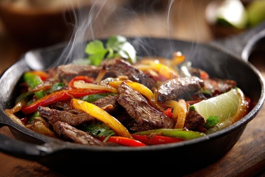 Sizzling carne asada fajitas on a rustic wooden table with peppers, onions, and warm tortillas