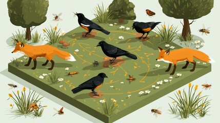 Naklejka premium A colorful meadow shows birds, foxes, insects, and plants in a food web. Arrows depict how living things interact with each other.