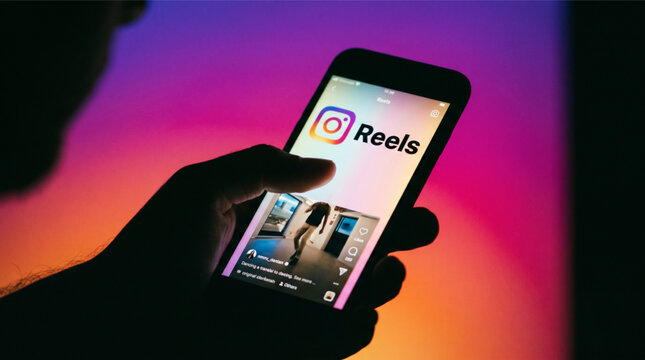 Close-up of a hand holding a smartphone displaying the Instagram Reels logo and interface with a dance video on screen, set against a vibrant purple and pink gradient backdrop. Photo illustration.
