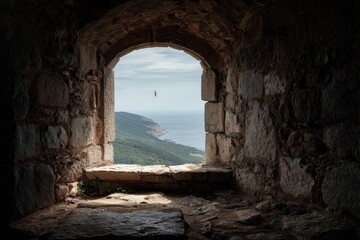 Obraz premium Stone tower room by a window: rugged walls, distant coastline, green hills, and a fast-moving bird in flight