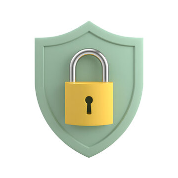 A gold padlock on a green shield symbolizes security and protection on transparent background