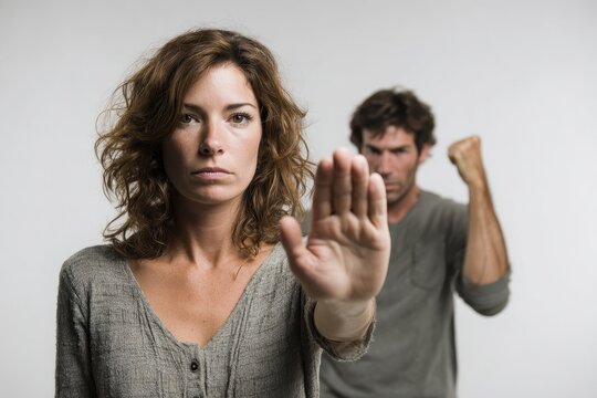 Stop gesture between a calm woman and an angry man against a clean white backdrop