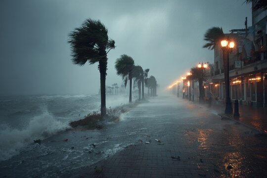 Stormy coast scene with wind-swept palms and street flooding
